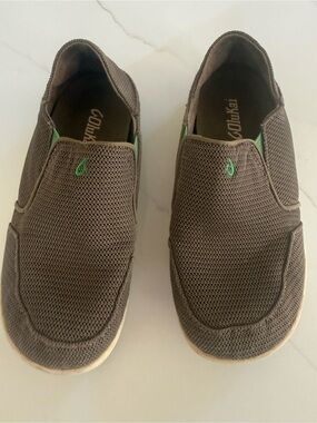 OluKai Kids Brown Mesh Slip-On Loafers with Green Accent (3)
